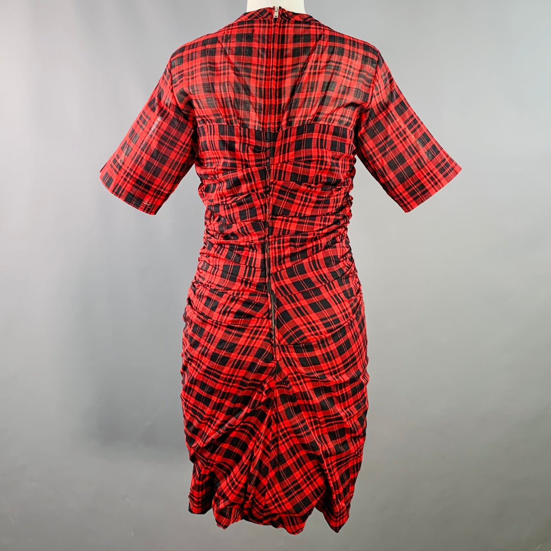 ISABEL MARANT ETOILE Size XS Red Black Cotton Linen Plaid Short Sleeve Ruched Dress