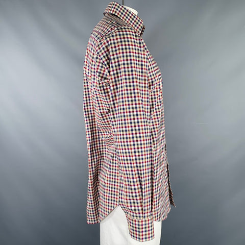 ETRO Size L Navy Burgundy Checkered Cotton Button Up Long Sleeve Shirt