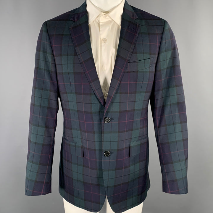 TODD SNYDER Size 40 Regular Green Navy Plaid Wool Sport Coat