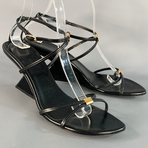 KHAITE Size 9.5 Seneca Black Gold Leather Straps Wedge Sandals