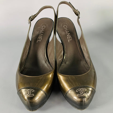 CHANEL Size 8.5 Brown Olive Glittered Patent Leather Slingback Heels  Pumps