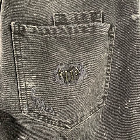 PHILIPP PLEIN Size 29 Black Grey Paint Splatter Cotton Straight Distressed Jeans