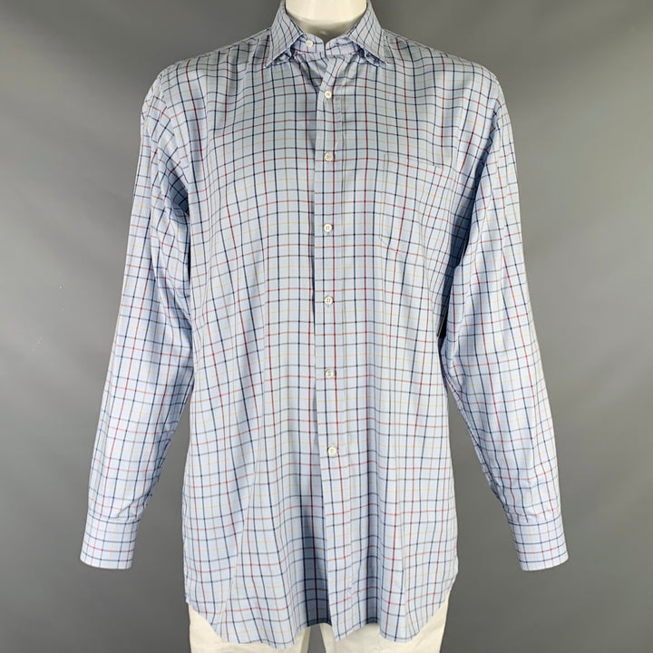 LUCIANO BARBERA Size XL Blue Multi Color Window Pane Cotton Long Sleeve Shirt