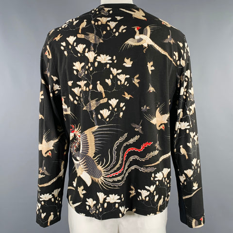 JUST CAVALLI Size XXL Black Cream Birds Cotton Blend Crew Neck T-shirt