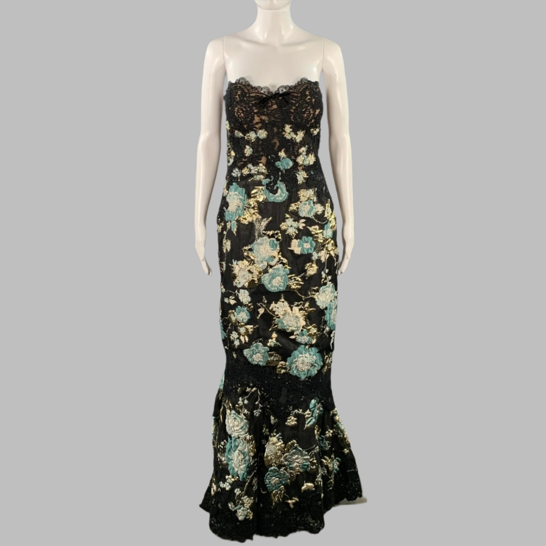 MARCHESA Size 4 Black Sage Gold Abstract Floral Strapless Long Evening Gown  – Sui Generis Designer Consignment