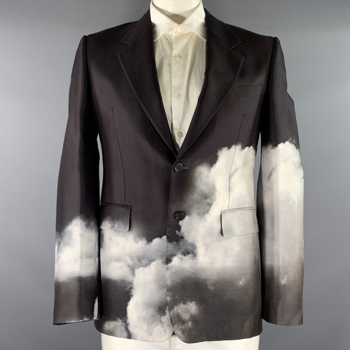 ALEXANDER MCQUEEN Chest Size 42 Black White & Grey Clouds Wool silk Sport Coat