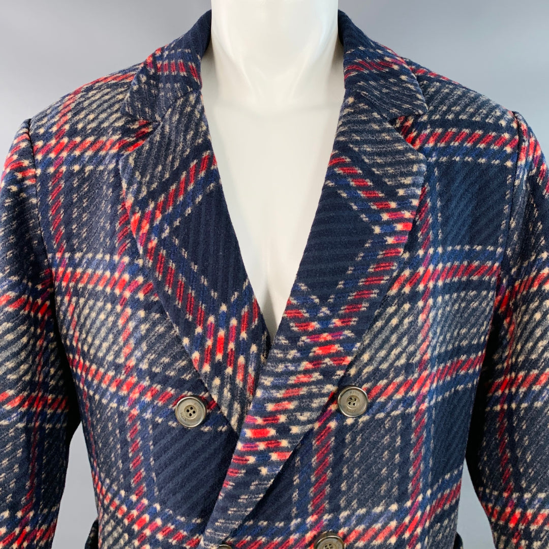 KITH Size S Royce Navy Red Beige Wool Blend Plaid Double Breasted Coat