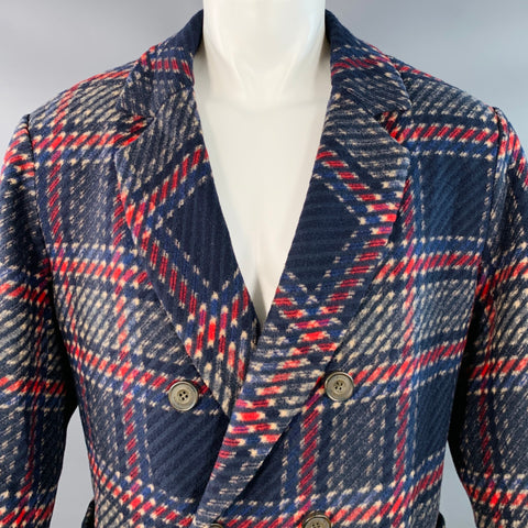 KITH Size S Royce Navy Red Beige Wool Blend Plaid Double Breasted Coat