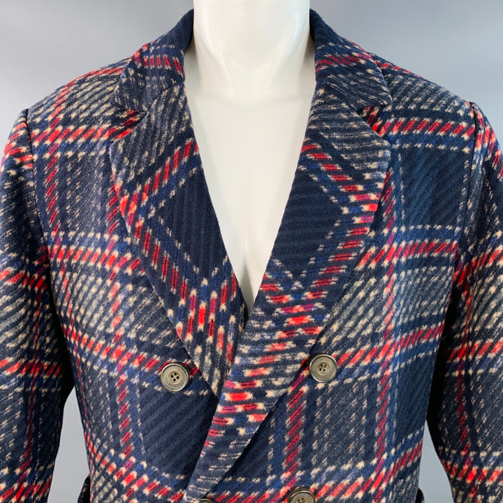 KITH Size S Royce Navy Red Beige Wool Blend Plaid Double Breasted Coat