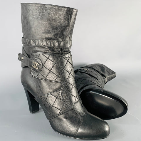 CHANEL Size 9.5 Black Leather Quilted Straps Boots