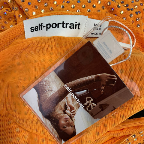 SELF-PORTRAIT Size 4 Hotfix Orange Silver Mesh Rhinestones Elastic Waistband Skirt