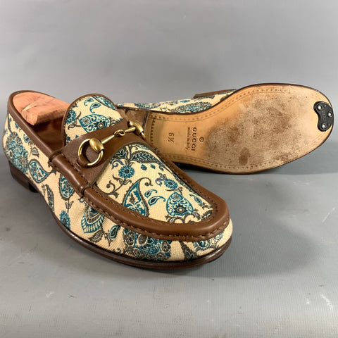 GUCCI Size 6.5 Cream Brown & Teal Paisley Mixed Fabrics Horsebit Loafers