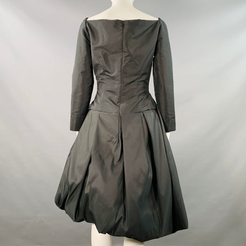 OSCAR DE LA RENTA 2022 Size 6 Black Taffeta Long Sleeve Midi Cocktail Dress