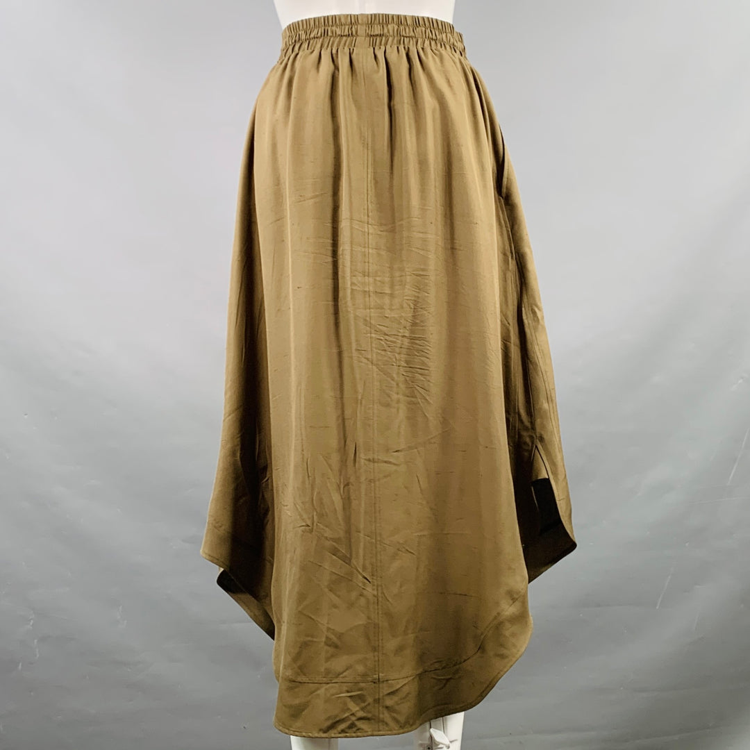 LOEWE Size 4 Green Olive Silk Elastic Waistband Asymmetrical Hem Skirt