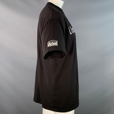 NEW BALANCE Size XL Unbalanced Black White Print Cotton Crew Neck T-shirt