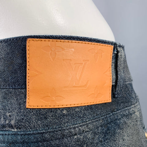 LOUIS VUITTON SS20 Size 36 Virgil Abloh Blue Indigo Monogram Cotton Baggy Distressed Jeans