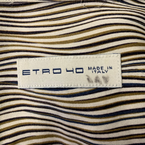 ETRO Size M White Blue Olive Stripe Cotton Long Sleeve Shirt