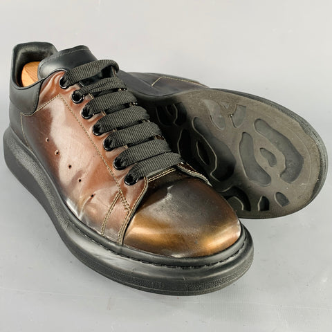 ALEXANDER MCQUEEN Size 11 Black Brown Shimmery Leather Chunky Sole Sneakers