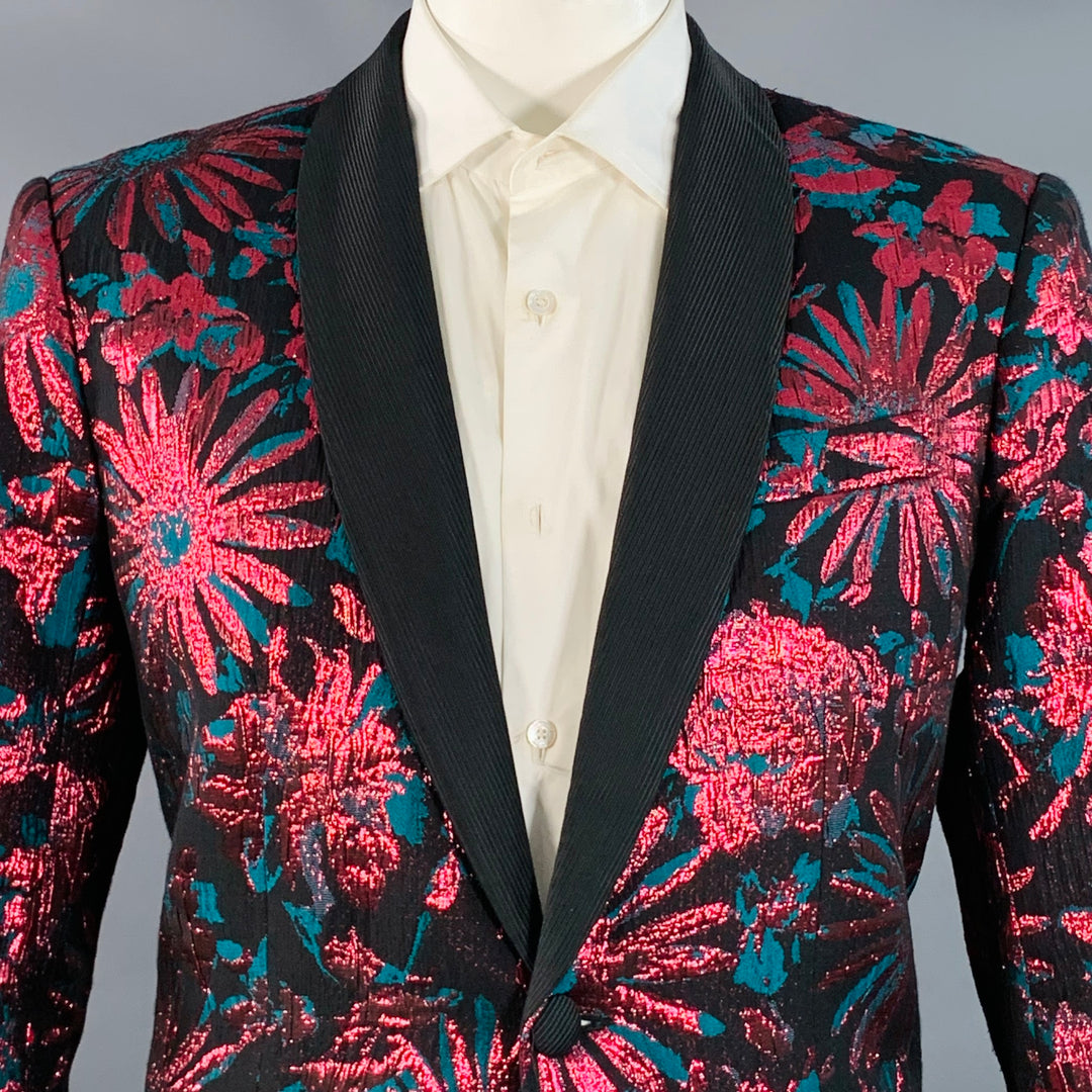 MR TURK Size 42 Black Pink Green Floral Jacquard Polyester Blend Sport Coat