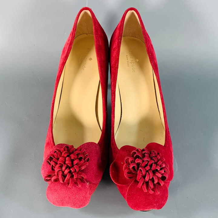KATE SPADE Size 7.5 Burgundy Suede Floral Applique Kitten Heel Pumps