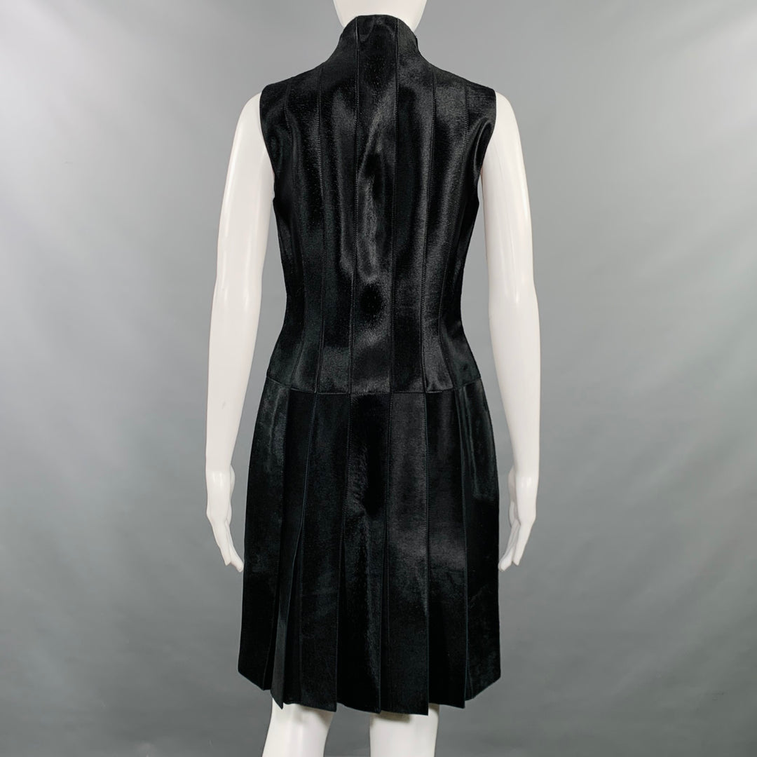 AKRIS 6 Black Pony Hair Leather Sleeveless Pleated Back High Neck Cocktail Dress