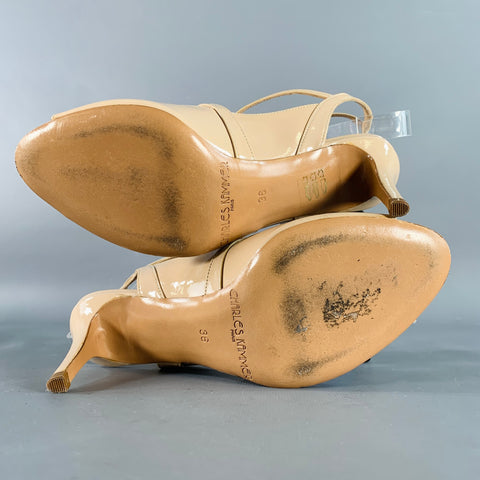 CHARLES KAMMER Size 6 Beige Nude Patent Leather Peep Toe Strappy Sandals
