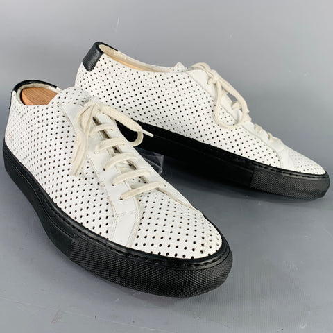 COMMON PROJECTS Size 10 White Black Perforated Leather Low Top Sneakers