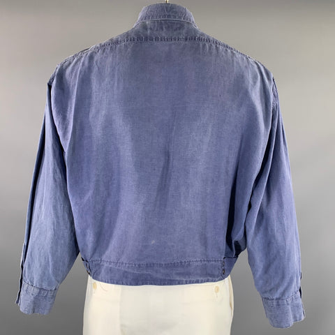 THIERRY MUGLER Size 40 Blue Distressed Linen Cropped Jacket