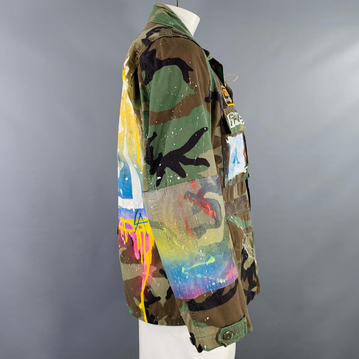 NO BRAND Size XL Green Multi Color Camouflage Handpainted Cotton Blend Jacket