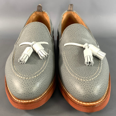BLACK FLEECE Size 11 Grey White Pebble Grain Leather Tassels Loafers