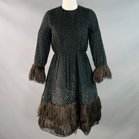 SAKS FIFTH AVENUE Size S Black Polyester Textured Ostrich Fringed Cocktail Dress