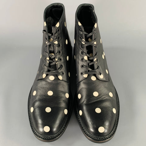 SAINT LAURENT Size 7.5 Black White Leather Polka Dot Ankle Boots