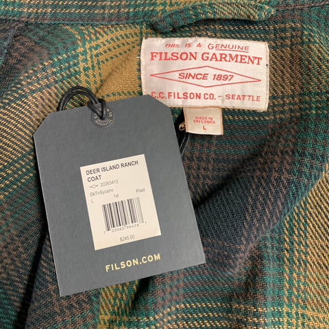 FILSON Taille L Chemise Veste en Coton à Carreaux Vert Olive Deer Island Ranch