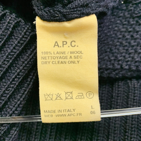 A.P.C. Size S Navy Waffle Knit Wool Shawl Collar Sweater