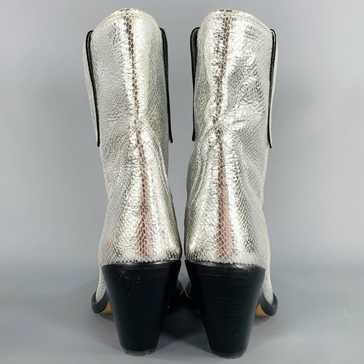 ISABEL MARANT Size 7 Silver Leather Textured Snake Embossed Leather Western Boots