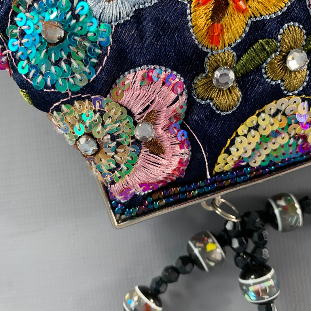 VINTAGE Navy Pink Beaded Sequined Floral Satin Clutch Handbag
