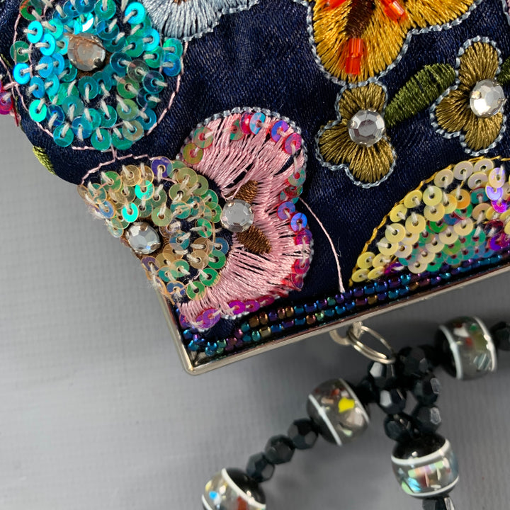 VINTAGE Navy Pink Beaded Sequined Floral Satin Clutch Handbag