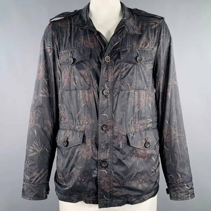 ETRO Size XL Black Tan Floral Polyamide Epaulettes Jacket