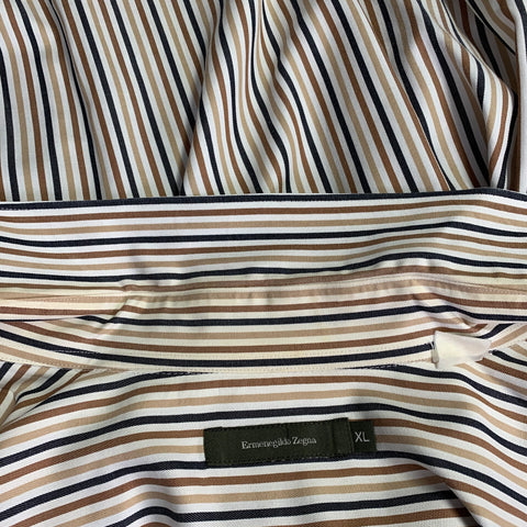 ERMENEGILDO ZEGNA Size XL White Brown Black Stripe Cotton Long Sleeve Shirt