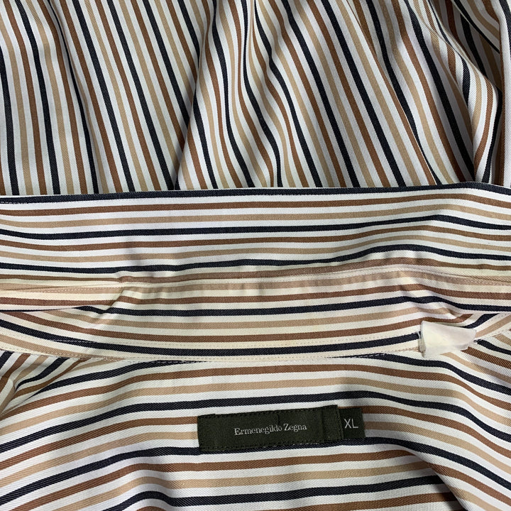ERMENEGILDO ZEGNA Size XL White Brown Black Stripe Cotton Long Sleeve Shirt