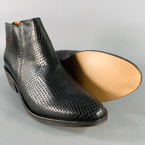 ANTHOLOGY PARIS Size 9 Black Leather Snake Embossed Back Zip Ankle Boots