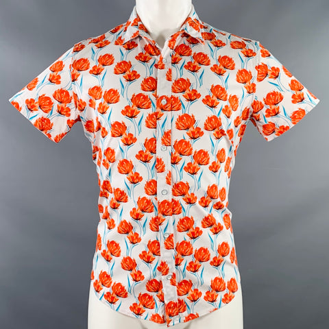 STEELE Size M White Red Floral Cotton Short Sleeve Shirt