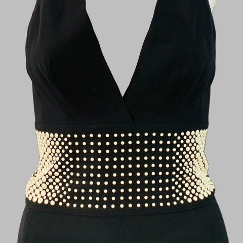 LA PERLA Size 4 Black White Viscose Blend Faux Pearl Embellishment V-Neck Jumpsuit