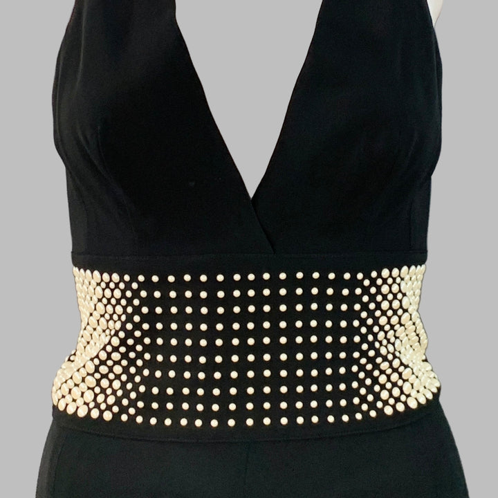 LA PERLA Size 4 Black White Viscose Blend Faux Pearl Embellishment V-Neck Jumpsuit