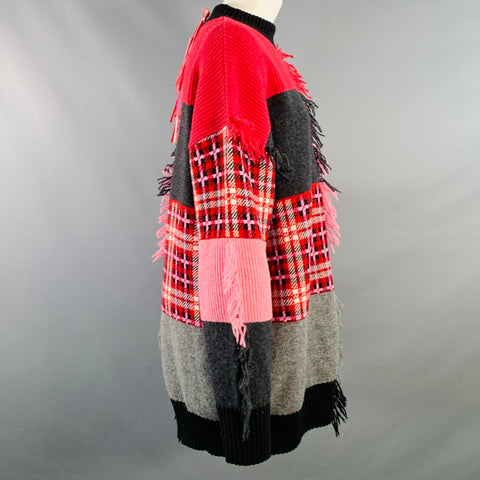 MSGM Size S Pink Multi Color Wool Blend Patchwork Crew Neck Sweater