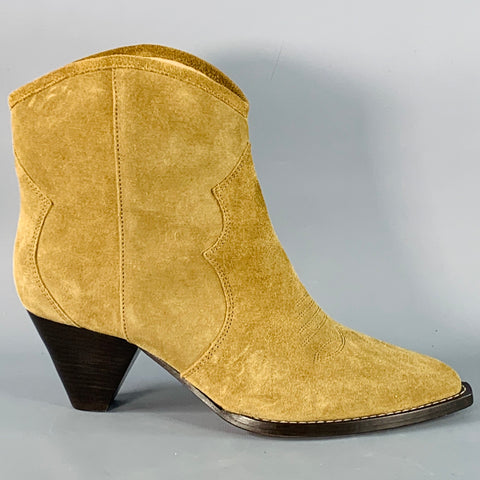 ISABEL MARANT AW23 Size 10 Darizo Taupe Suede Pull On Stacked Heel Cowboy Boots