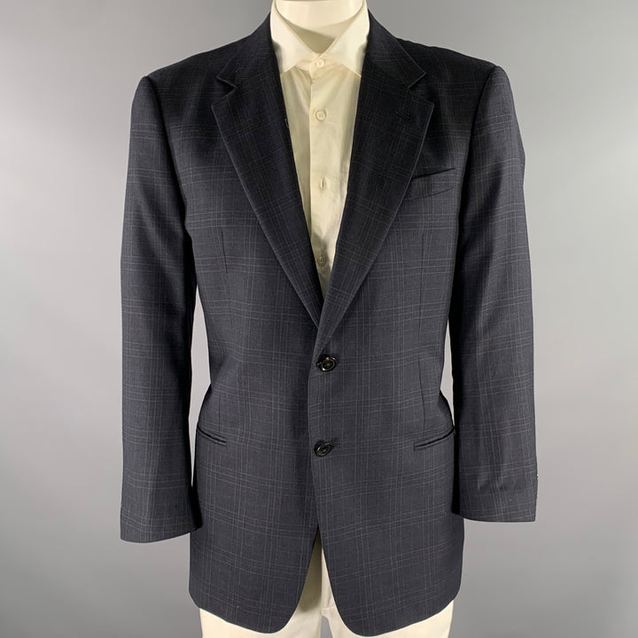 ARMANI COLLEZIONI Size 44 Navy Plaid Wool Notch Lapel Sport Coat
