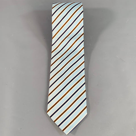 ERMENEGILDO ZEGNA Blue Brown White Diagonal Stripe Silk Cotton Twill Tie