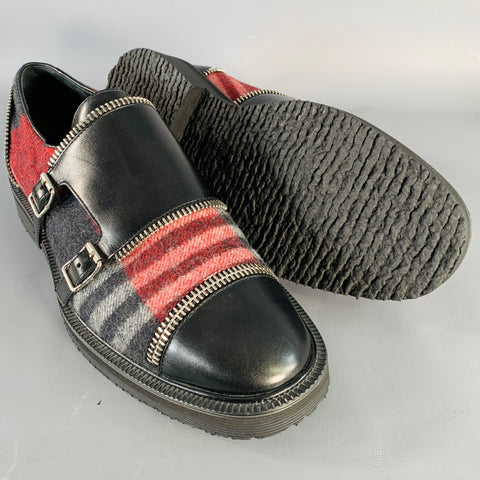 GIUSEPPE ZANOTTI Size 11 Black Red Plaid Leather Monk Strap Loafers Shoes
