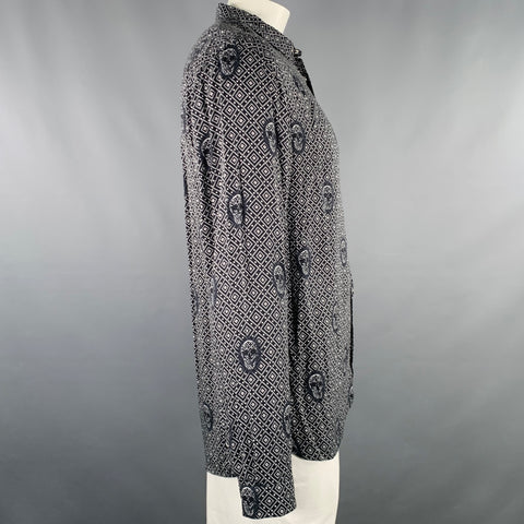 THE KOOPLES Size XL Black White Skulls Viscose Snaps Long Sleeve Shirt